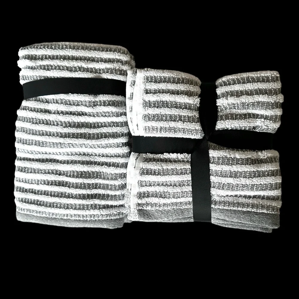 DKNY Eco-Melange 7 pc Towels Set Gray & White Stripes SUSTAINABLY MADE